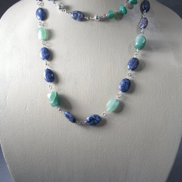 Sodalite, Jade and Iolite Double Wrap Necklace, Silver Chain - Picture 3 of 6